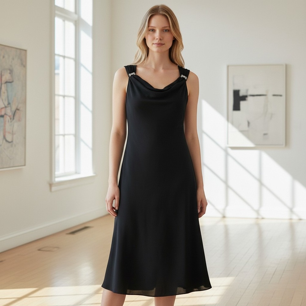 Dawn Joy Black Midi Dress Cowl Neck Sleeveless Party Cocktail Dress Sz 6 /#6231